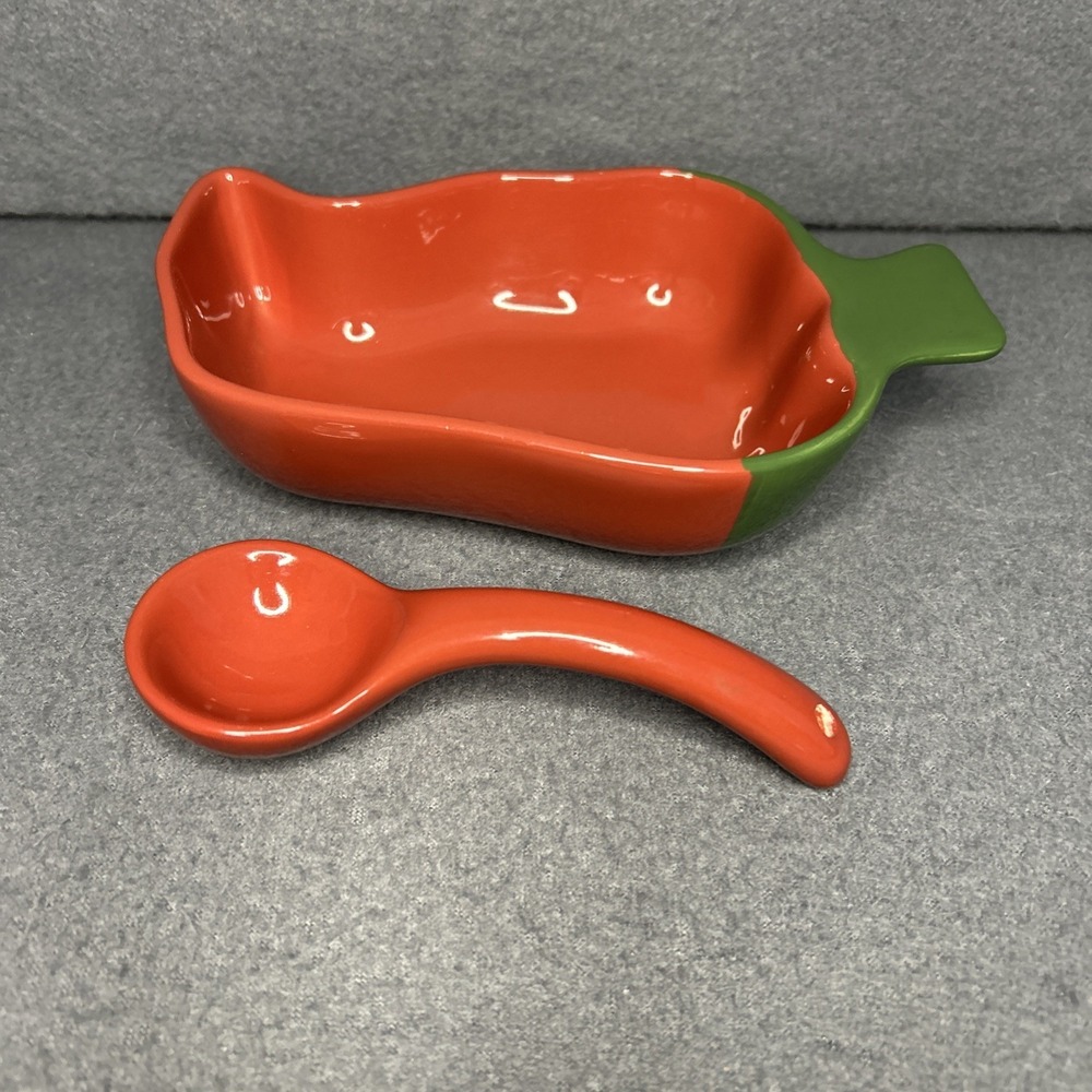 Clay Art Chili Pepper Salsa Server‎ with Spoon Ceramic Serveware